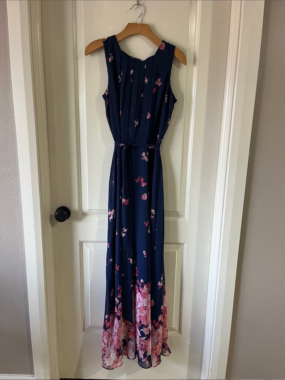 R&K Navy Maxi Dress with Pink Floral Border